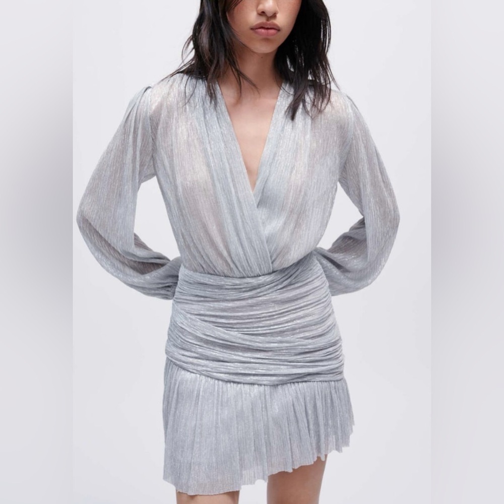 NWT MAJE Runnyli Silver Shimmer Metallic Draped Lurex Mini Dress Size 40 - Picture 1 of 5